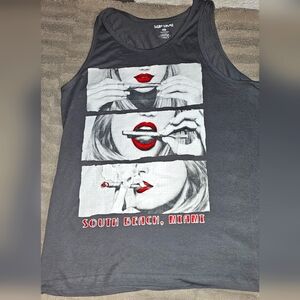 Surf Style Black Tank Top Size M South Beach Miami Lady w/Red Lips + Blunt
